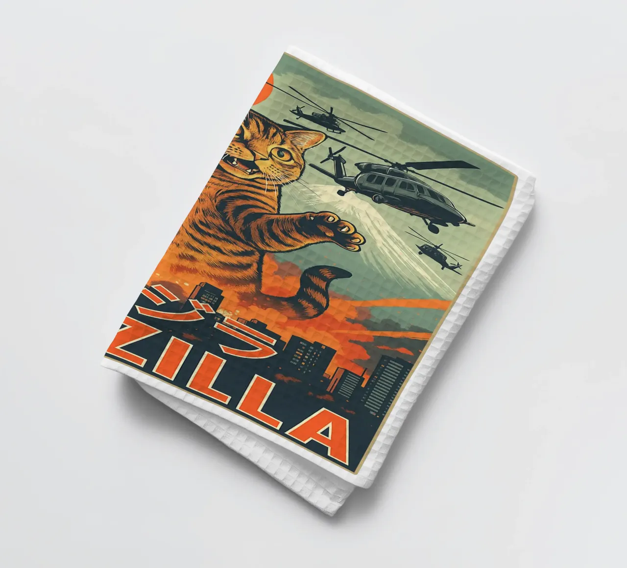 Catzilla Retro Japans Kunstontwerp theedoek van the gondils