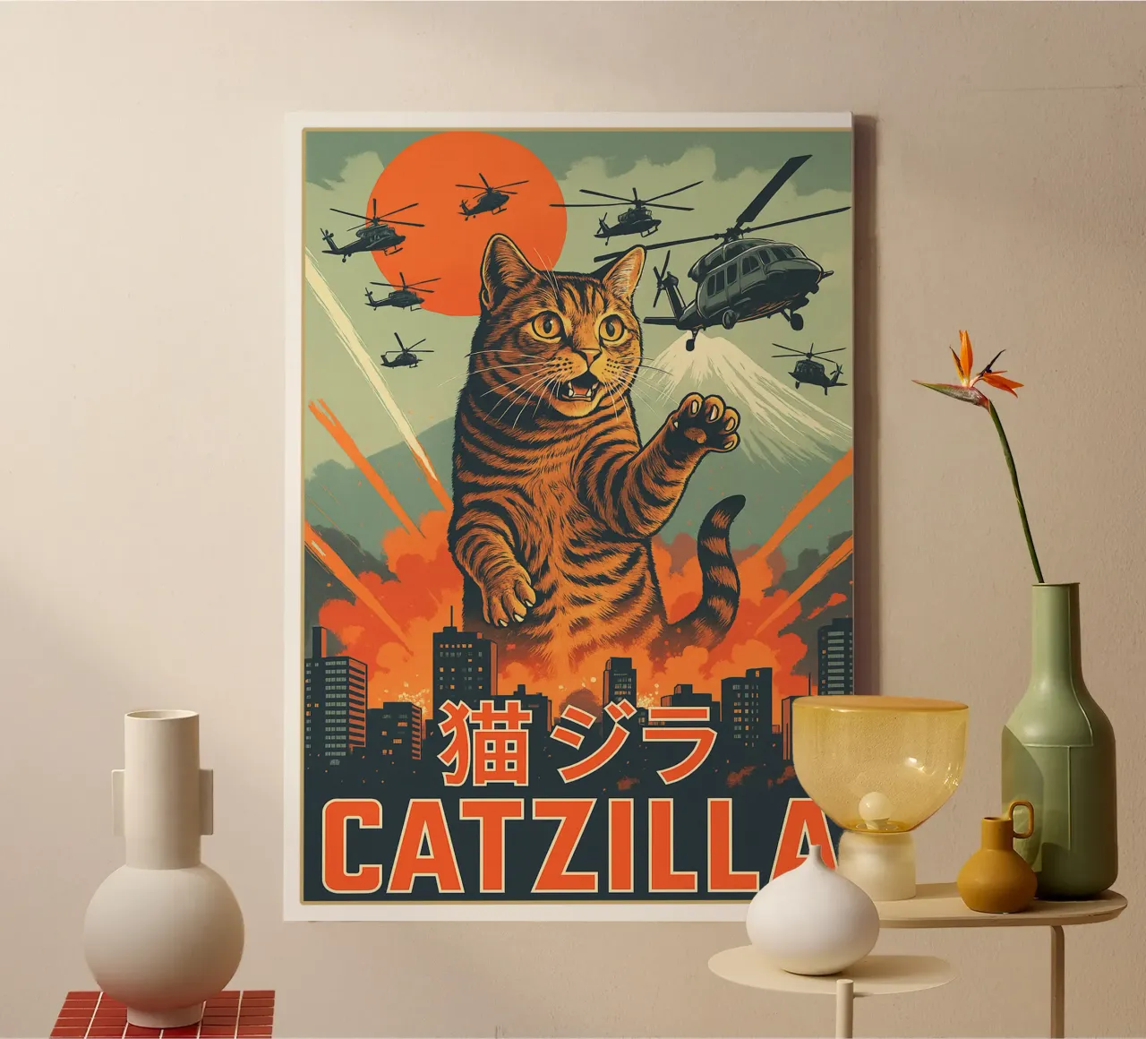 Catzilla Retro Japans Kunstontwerp canvas van the gondils