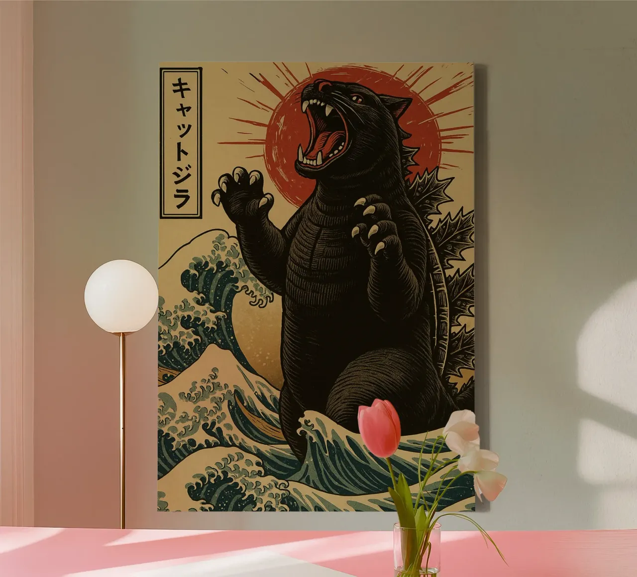 Catzilla Grappig Japans Kawaii Kattenkunst Shirt canvas met Baklijst van the gondils