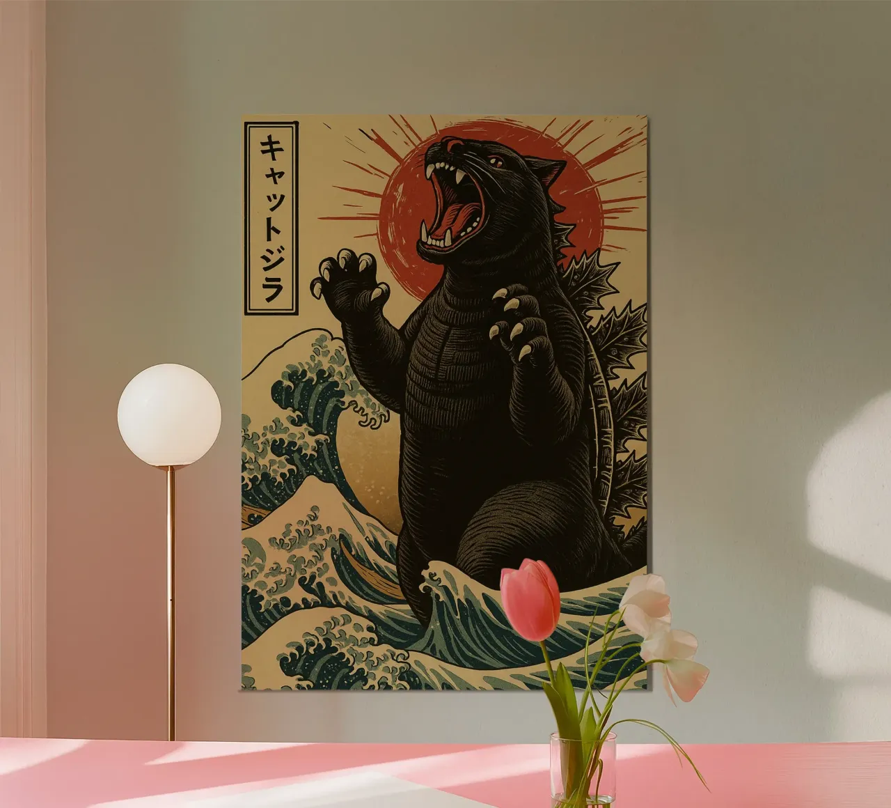 Camicia Catzilla Divertente arte felina giapponese Kawaii poster con telaio in alluminio da the gondils