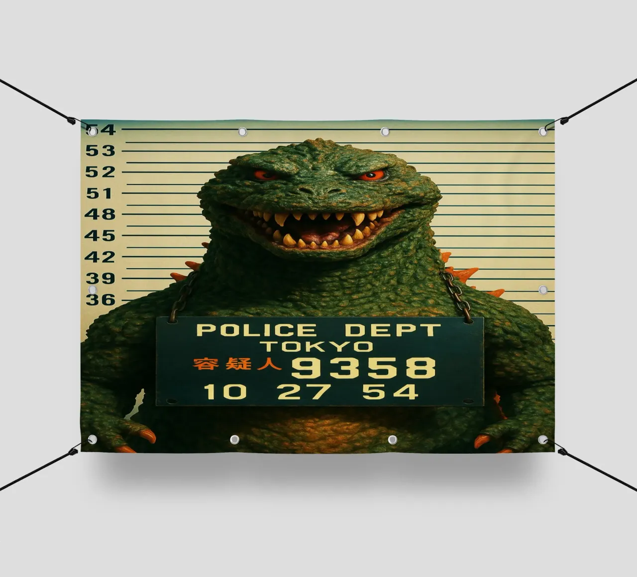 Godzilla Mugshot Divertente Godzilla Monster Art Design telo in pvc da the gondils