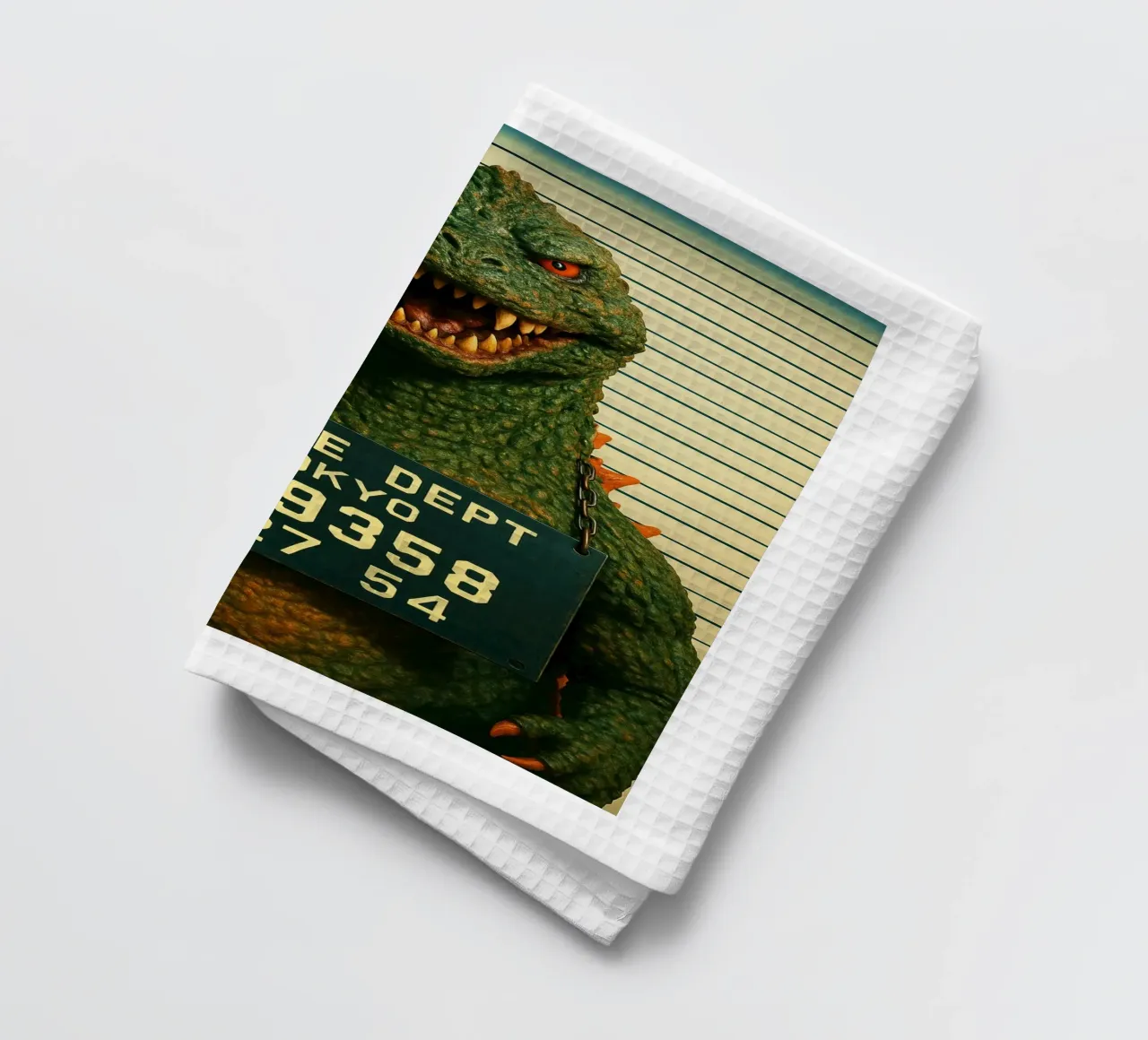 Godzilla Mugshot Funny Godzilla Monster Art Design torchon de the gondils