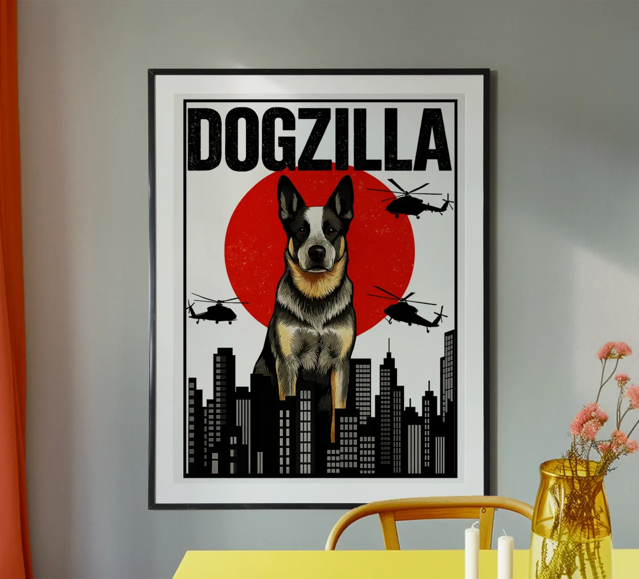 Japanse Dogzilla Grappig Corg Kunstontwerp poster met aluminium frame van the gondils