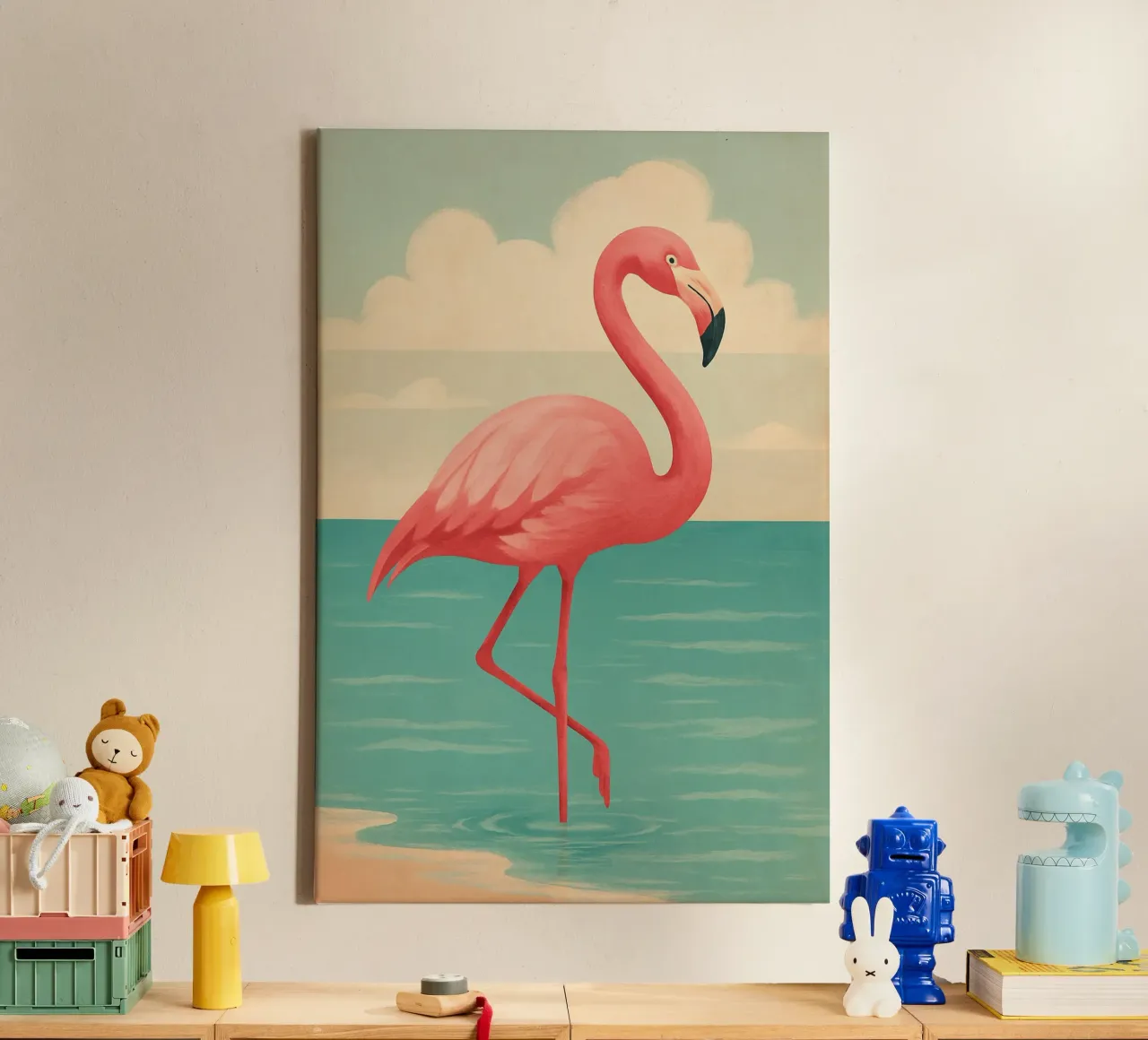 Flamingo Beachy Decor Coastal Vibes canvas met Baklijst van Mosaic Dialogue