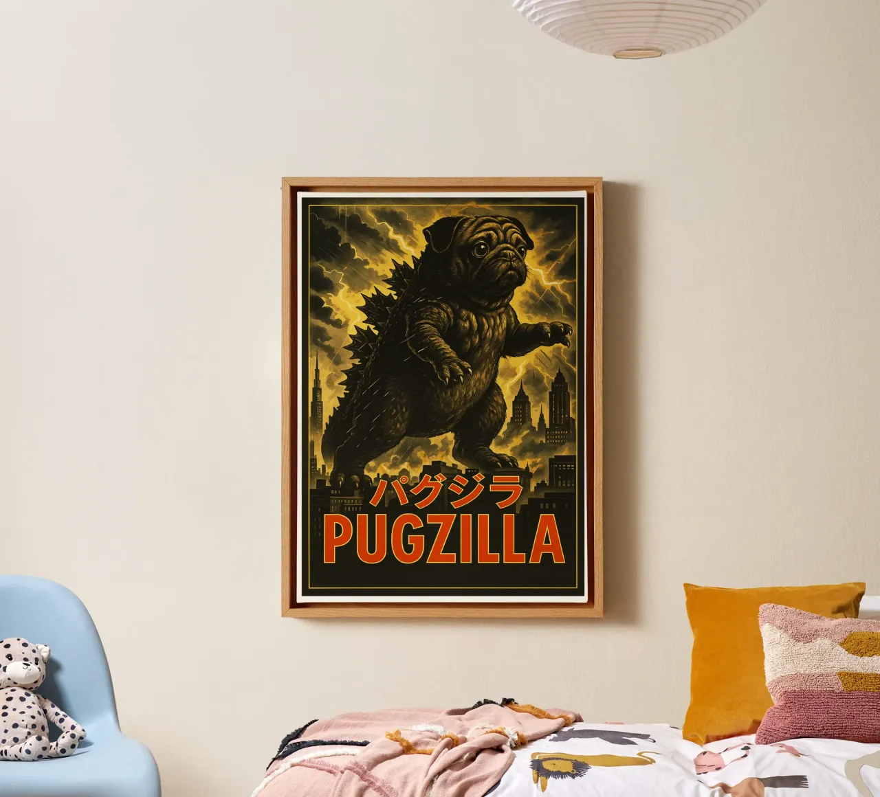 Pugzilla Japanese Funny Art canvas with Floater frame by the gondils