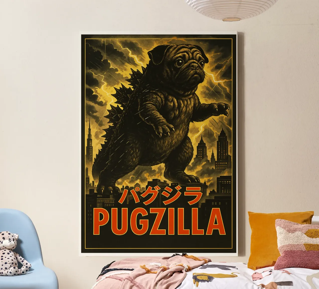 Pugzilla Japanese Funny Art canvas with Floater frame by the gondils