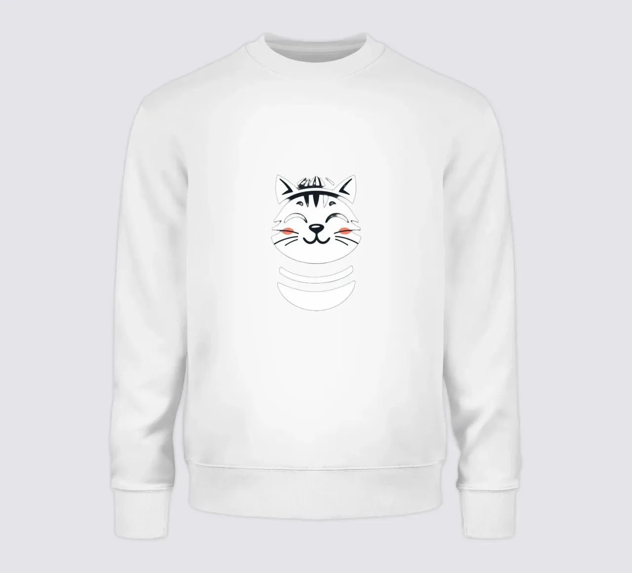 A cheerful smiling cartoon cat with a striped shirt sweatshirt by DesignDoodle