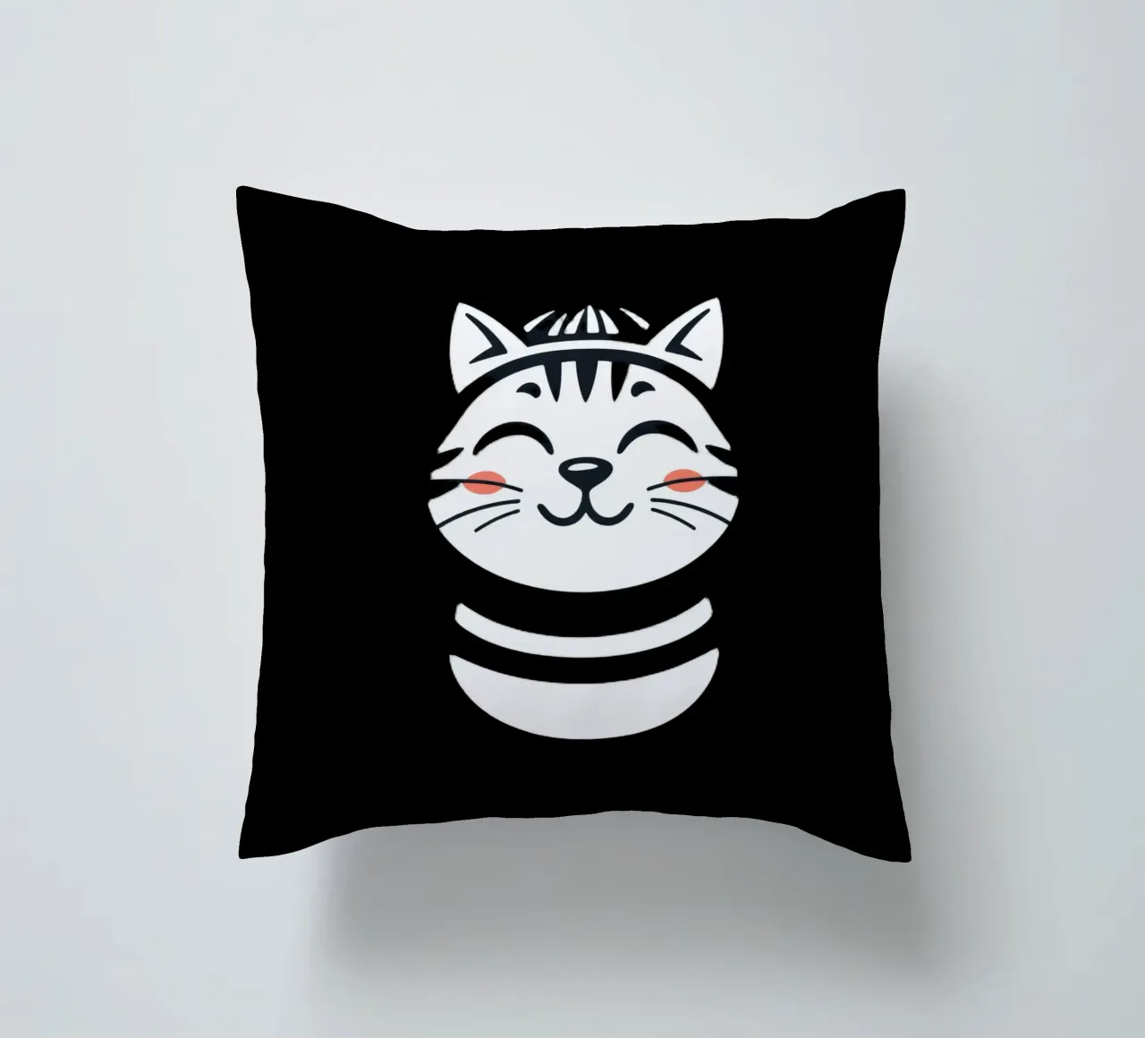 Un allegro gatto sorridente dei cartoni animati con una camicia a righe cuscino da DesignDoodle