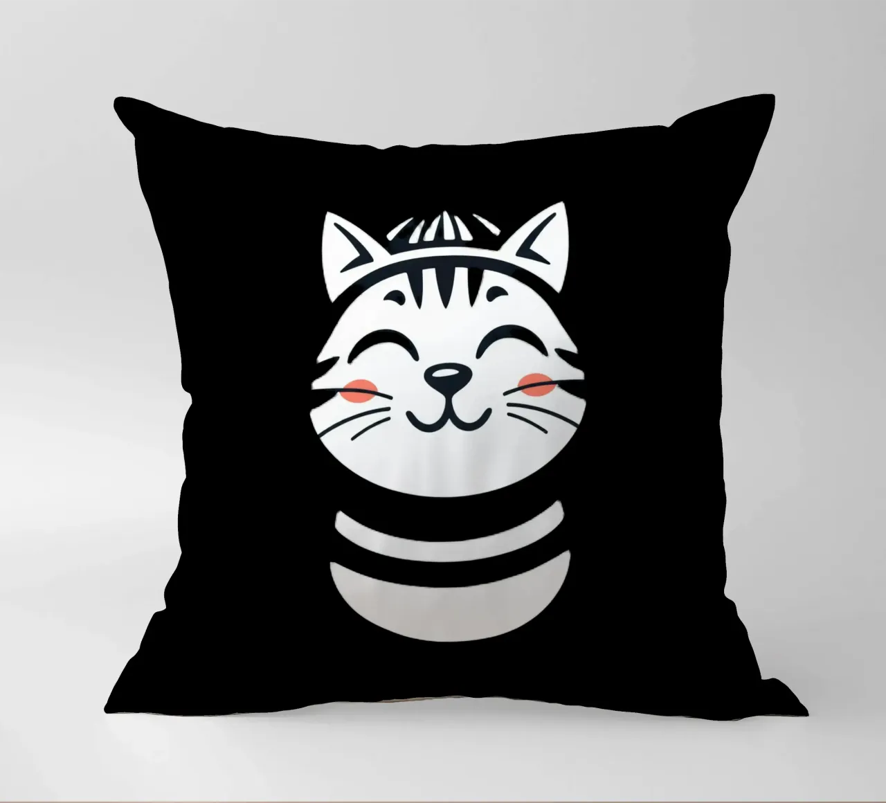 Un allegro gatto sorridente dei cartoni animati con una camicia a righe cuscino da DesignDoodle