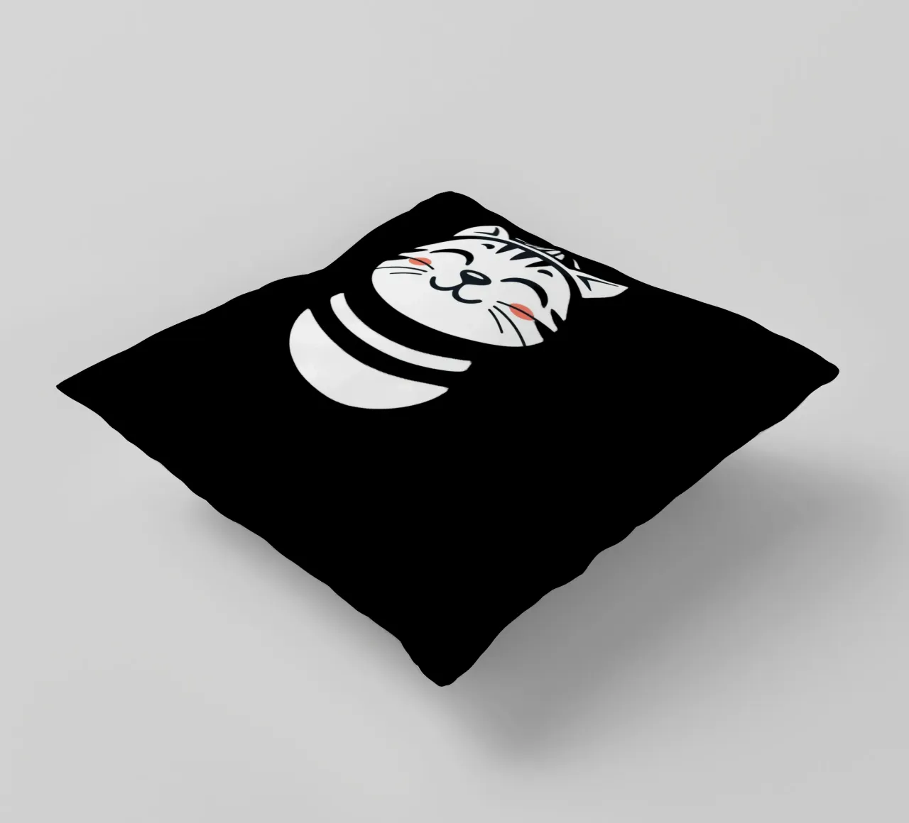 Un allegro gatto sorridente dei cartoni animati con una camicia a righe cuscino da DesignDoodle