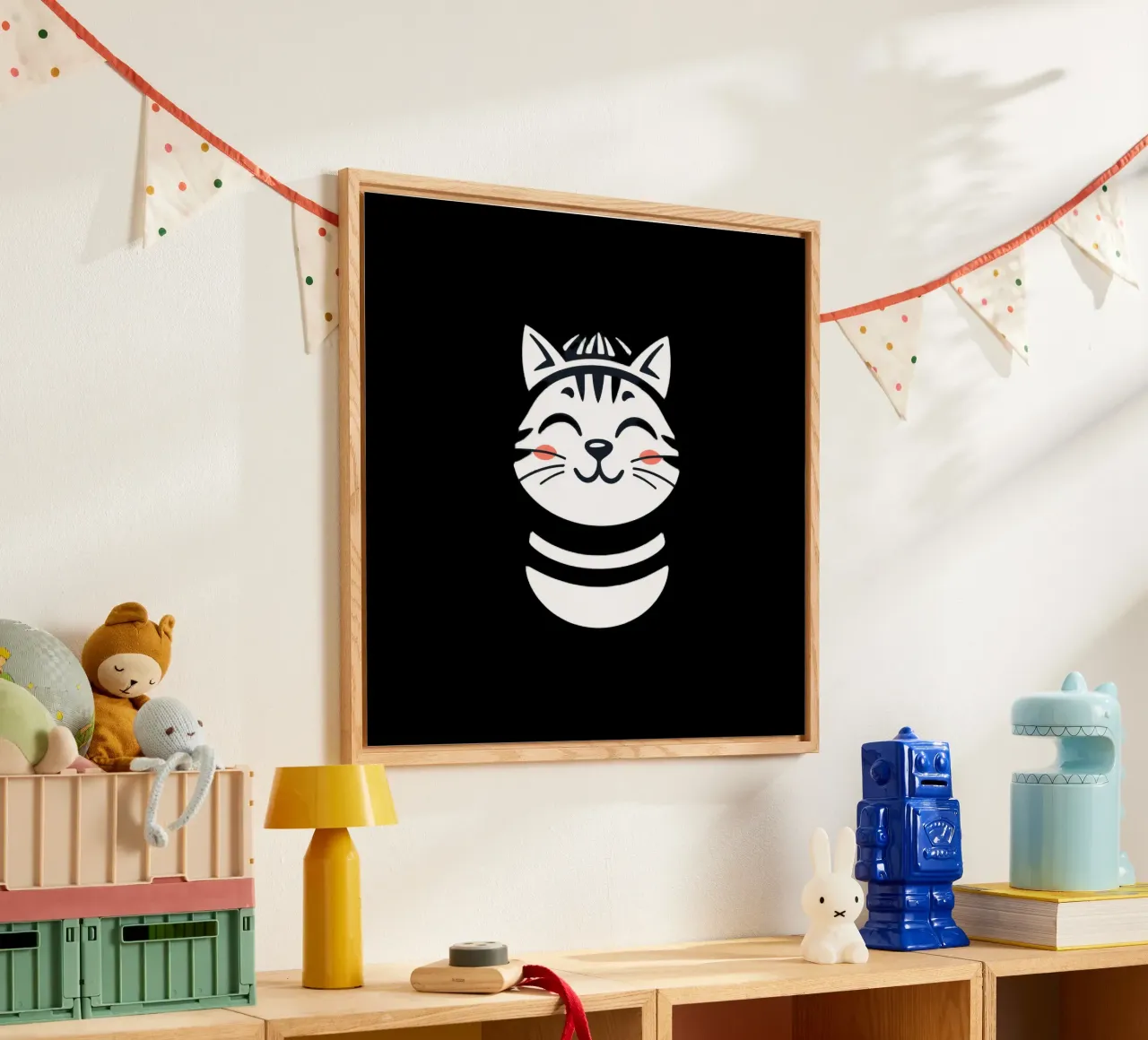 Un allegro gatto sorridente dei cartoni animati con una camicia a righe plexiglass da DesignDoodle