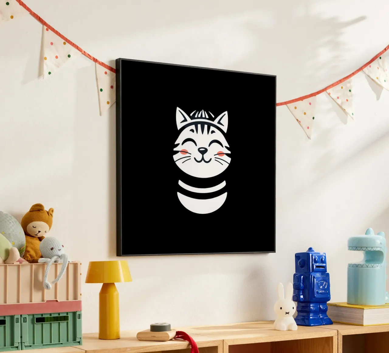 Un allegro gatto sorridente dei cartoni animati con una camicia a righe alluminio dibond da DesignDoodle