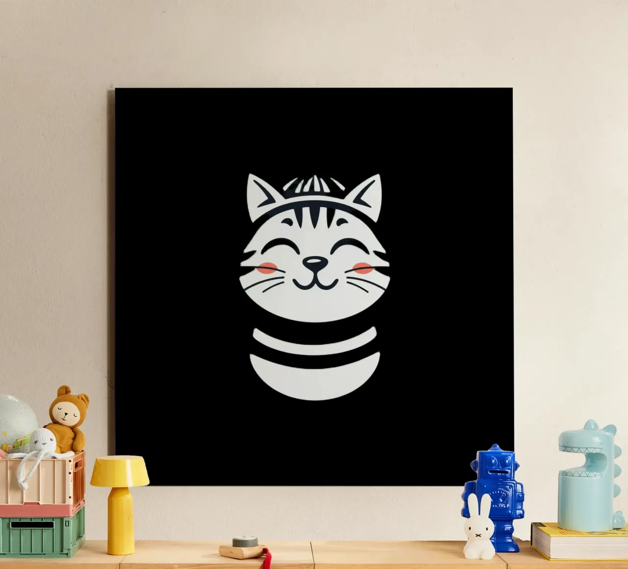 Un allegro gatto sorridente dei cartoni animati con una camicia a righe alluminio dibond da DesignDoodle