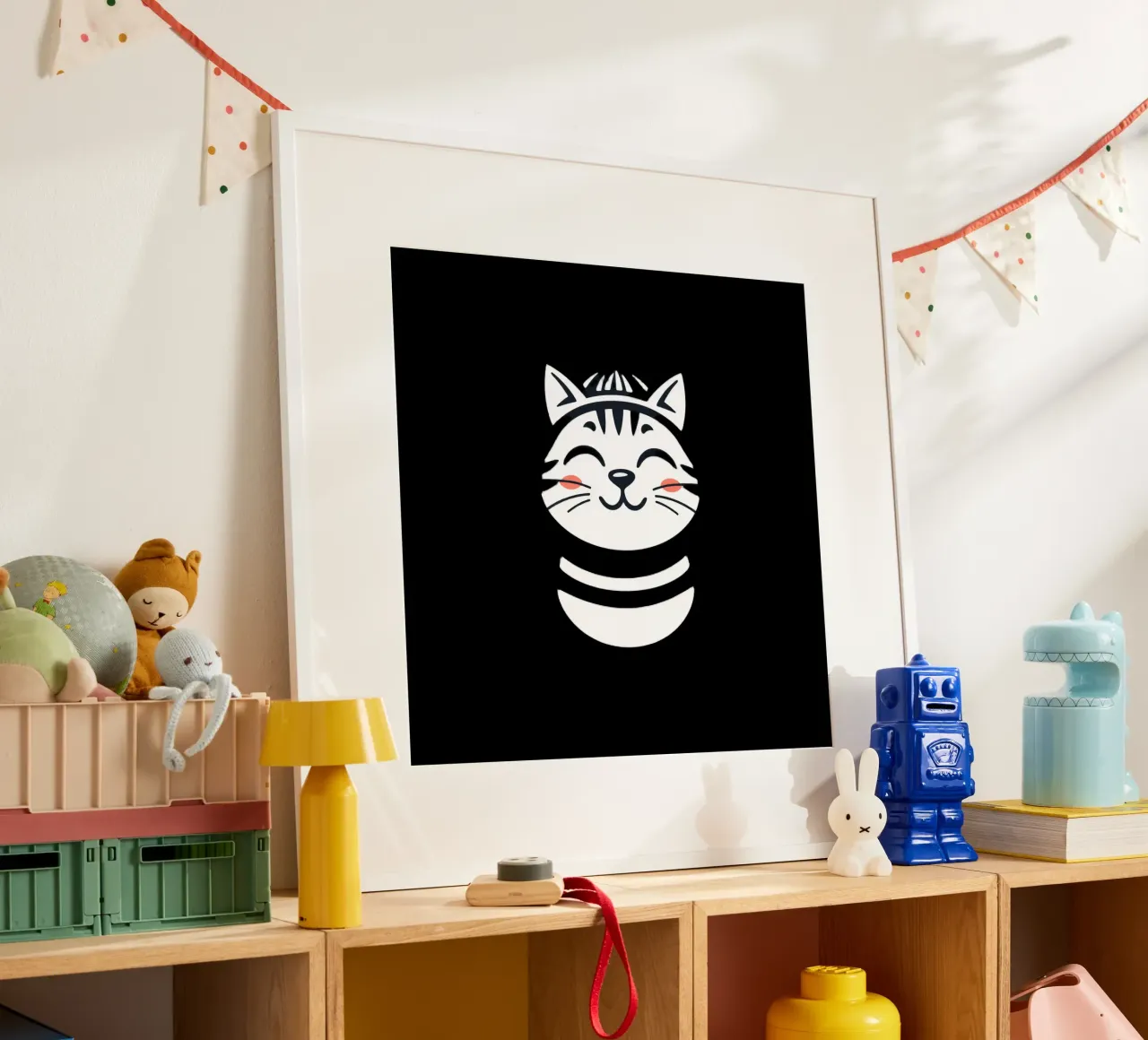 Un allegro gatto sorridente dei cartoni animati con una camicia a righe poster da DesignDoodle