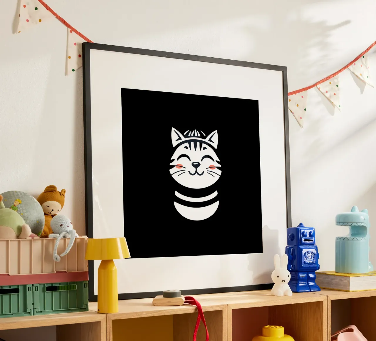 Un allegro gatto sorridente dei cartoni animati con una camicia a righe poster da DesignDoodle