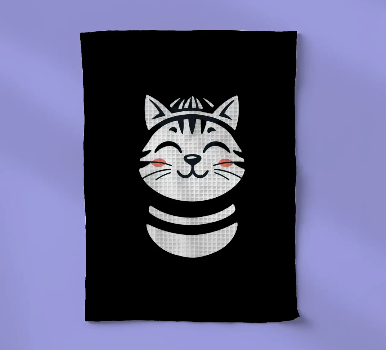 Un allegro gatto sorridente dei cartoni animati con una camicia a righe canovaccio da cucina da DesignDoodle