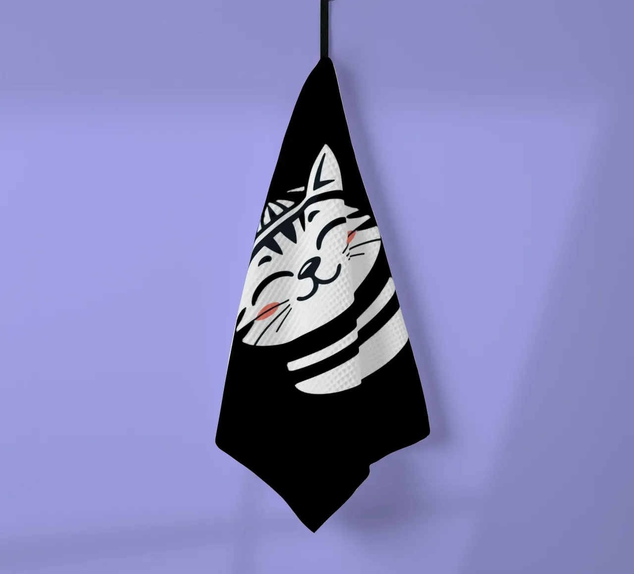 Un allegro gatto sorridente dei cartoni animati con una camicia a righe canovaccio da cucina da DesignDoodle