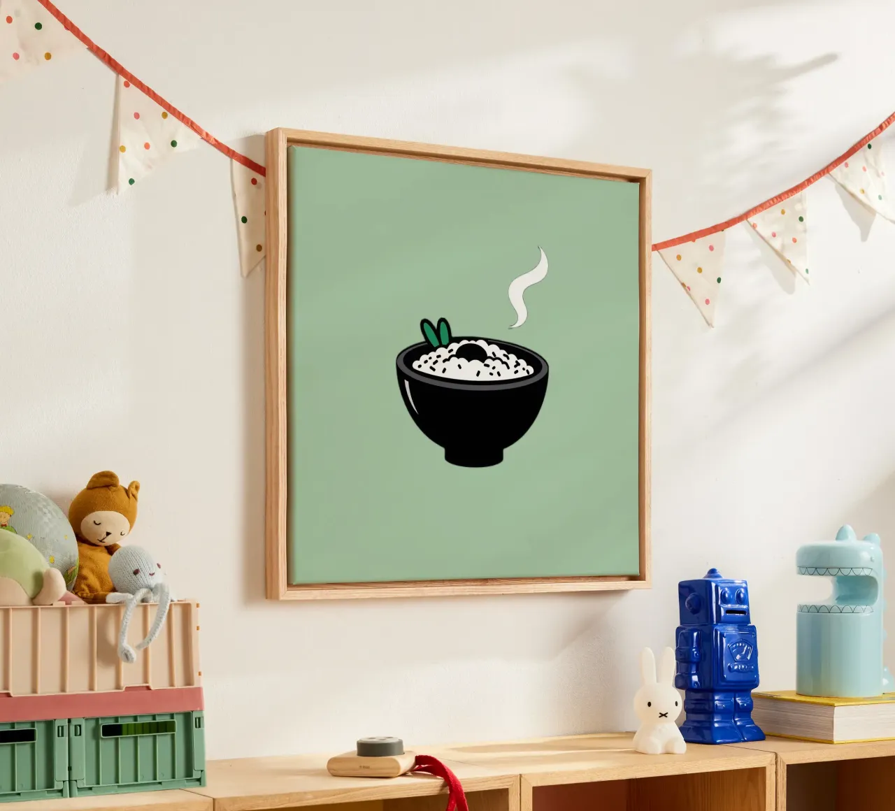 Een dampende kom rijst met groene garnering canvas met Baklijst van DesignDoodle