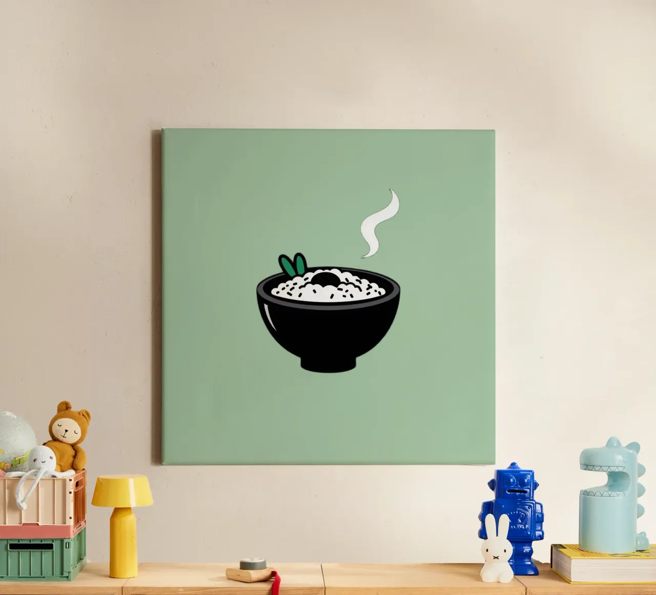 Een dampende kom rijst met groene garnering canvas met Baklijst van DesignDoodle