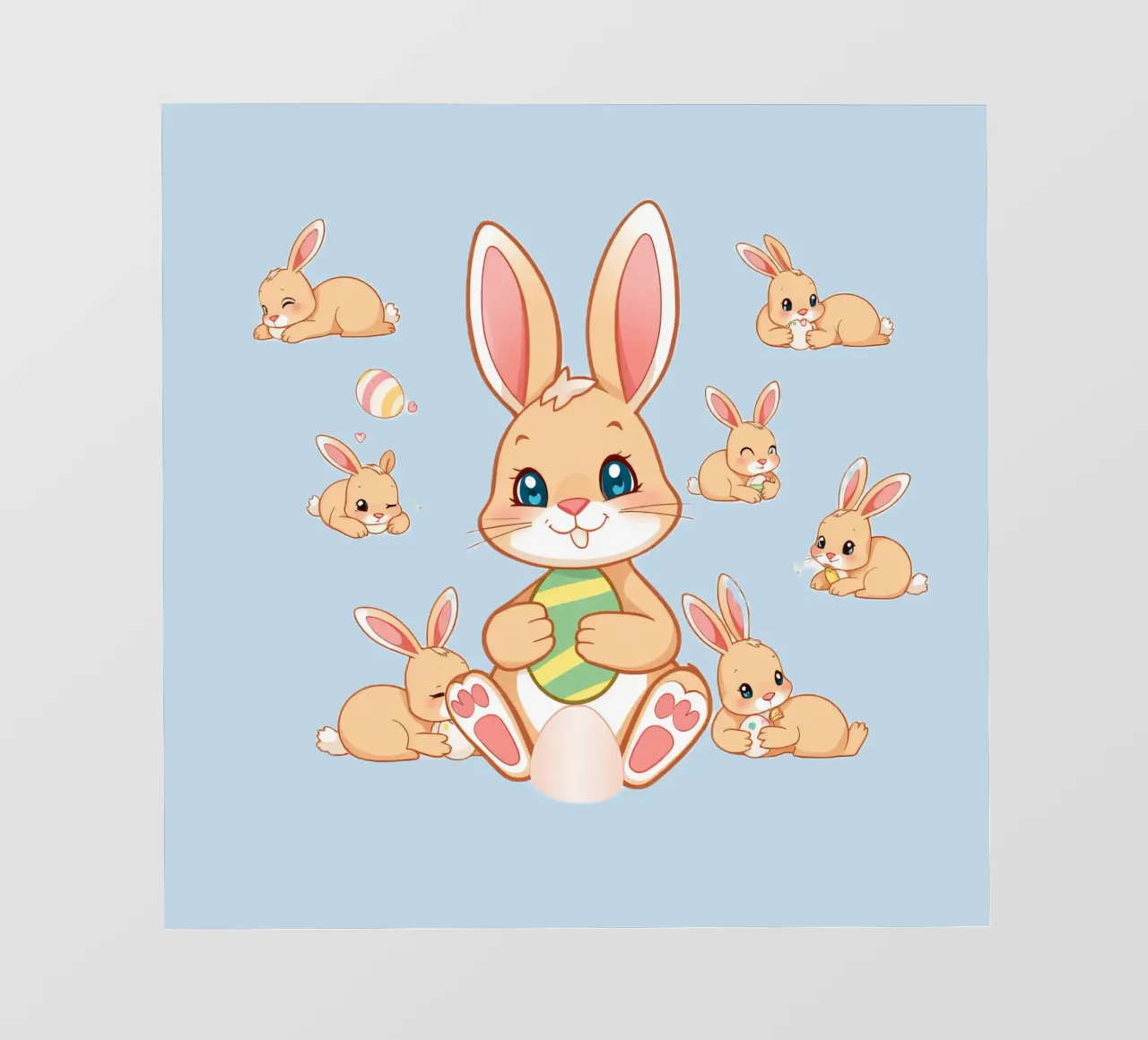 simpatico coniglio cartone animato che tiene l'uovo di Pasqua coniglietti giocosi telo in pvc da DesignDoodle