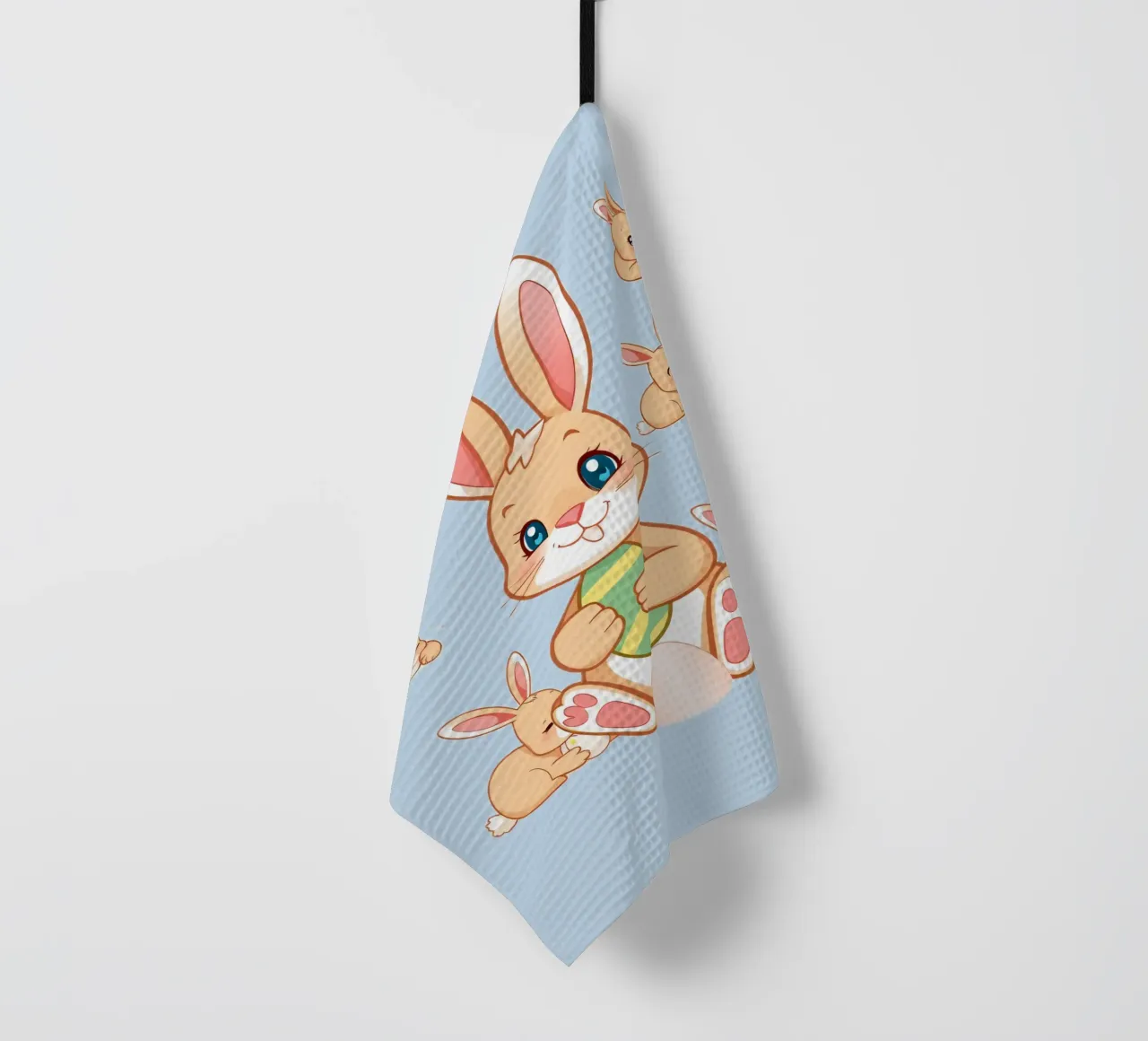 simpatico coniglio cartone animato che tiene l'uovo di Pasqua coniglietti giocosi canovaccio da cucina da DesignDoodle