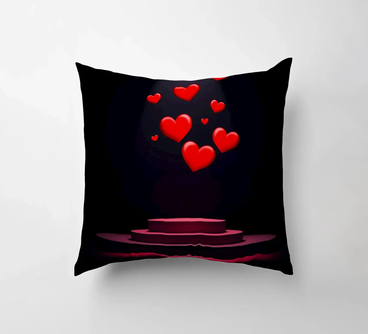 Cuori rossi che fluttuano sopra una piattaforma circolare cuscino da DesignDoodle