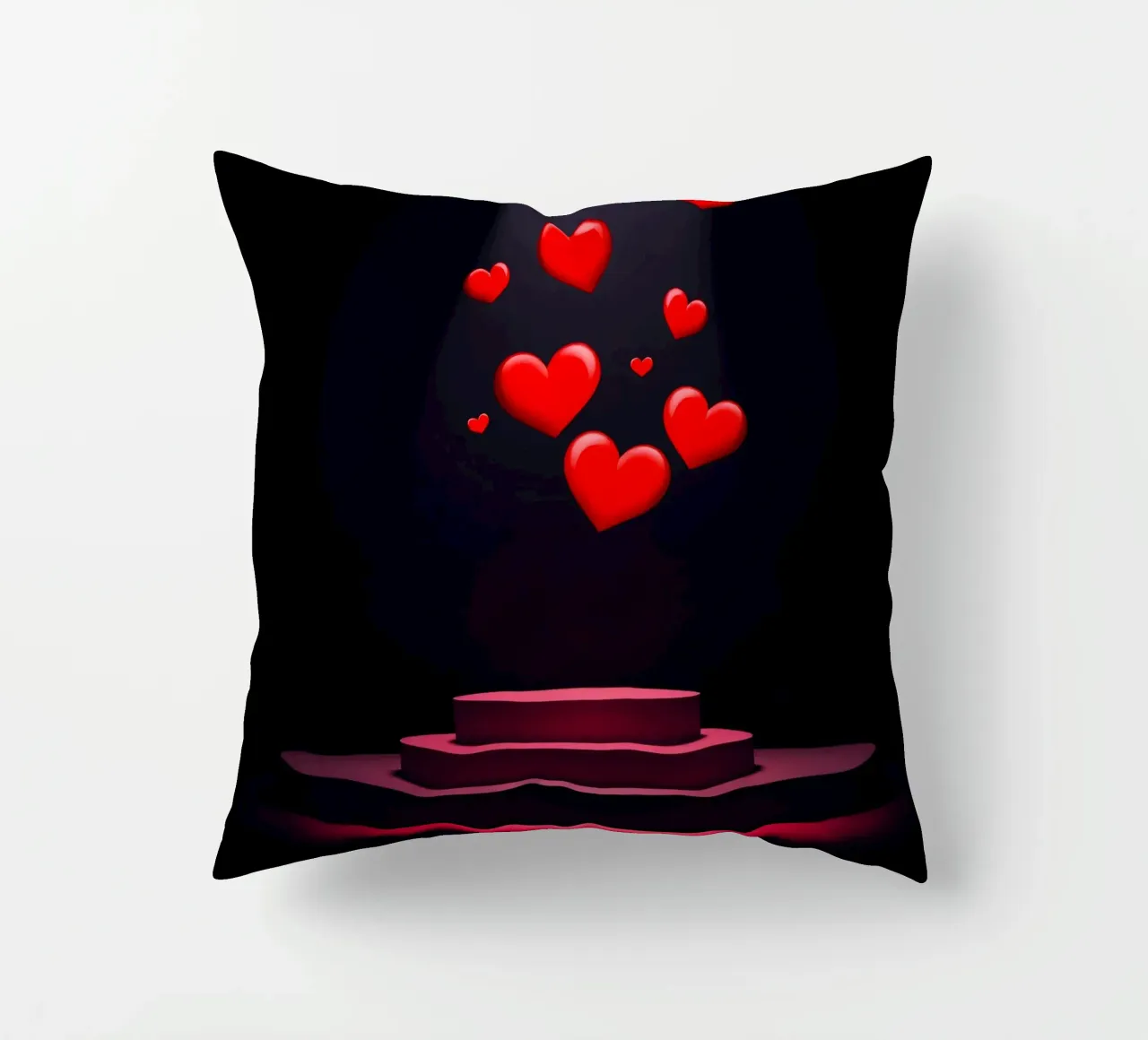 Cuori rossi che fluttuano sopra una piattaforma circolare cuscino da DesignDoodle