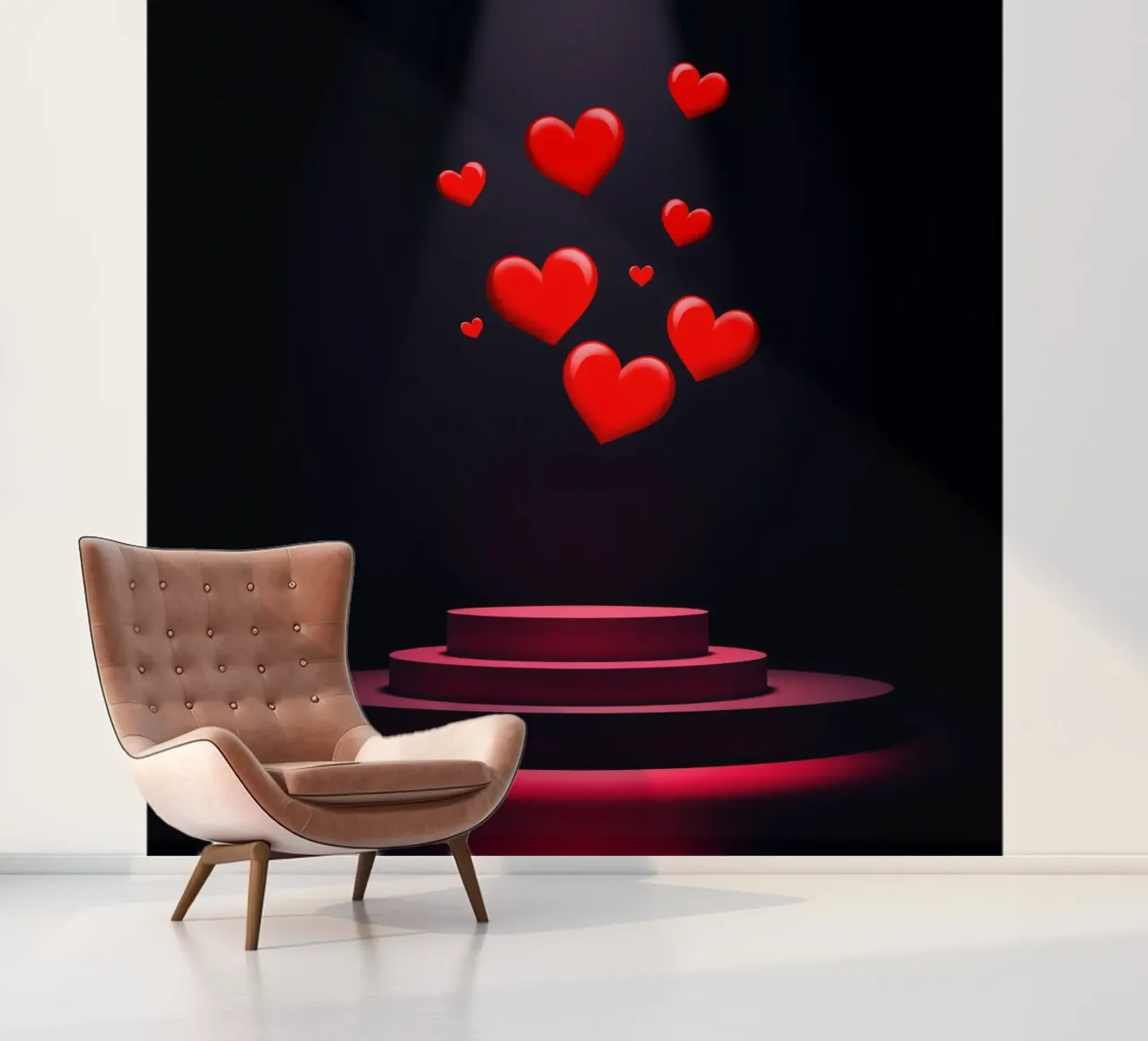 Coeurs rouges flottant au-dessus d'une plate-forme circulaire papier peint photo de DesignDoodle