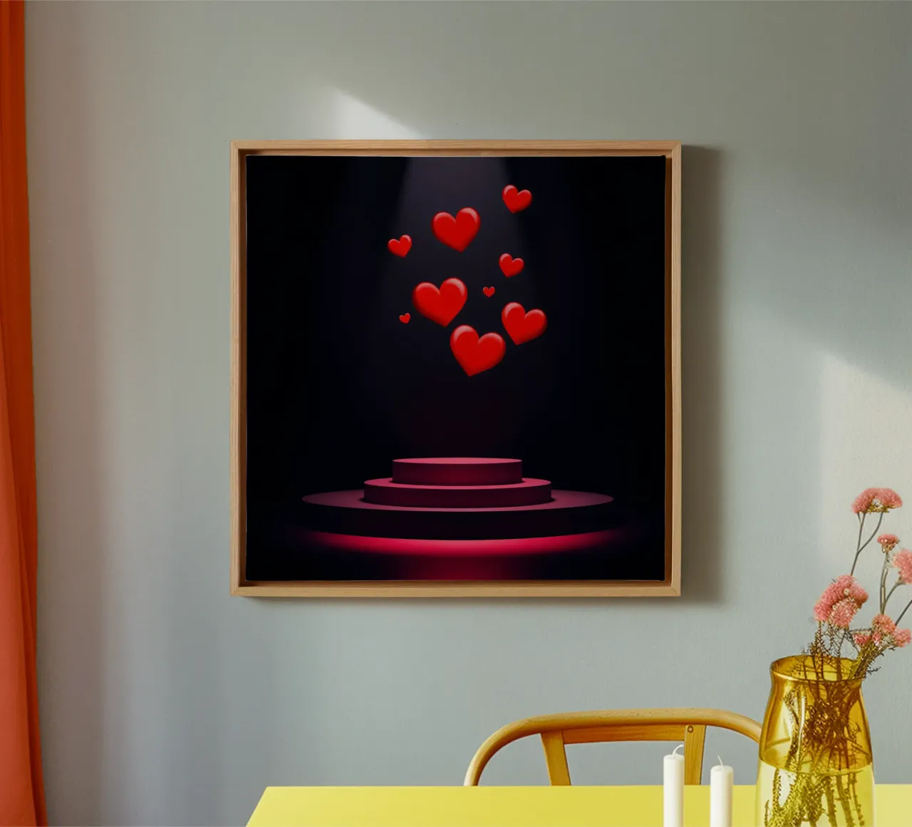 Red hearts floating above a circular platform canvas by DesignDoodle