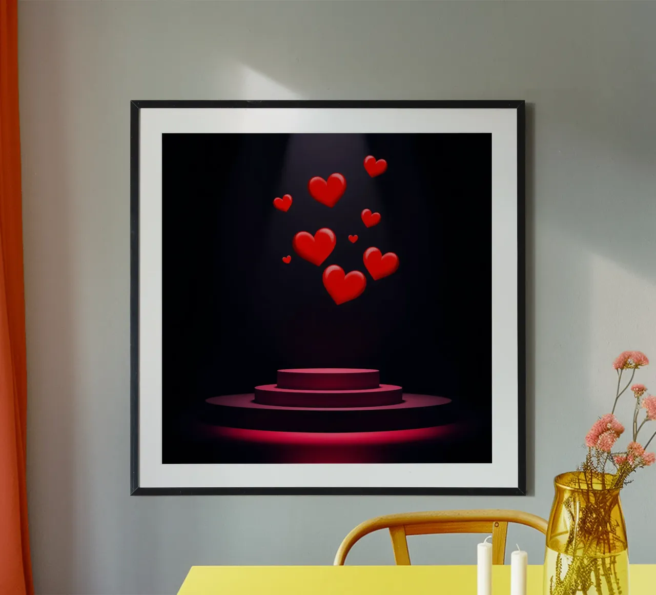 Cuori rossi che fluttuano sopra una piattaforma circolare carta hahnemühle da DesignDoodle