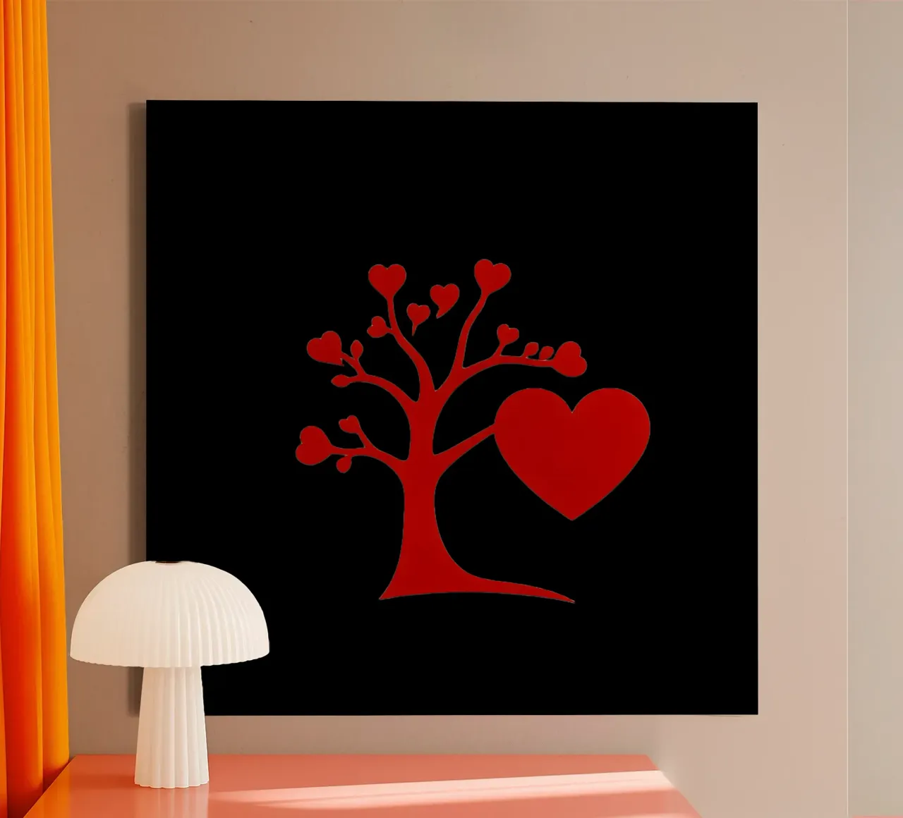 Un albero rosso vibrante, ornato di cuori, simboleggia l'amore. tela con Cornice a cassetta da DesignDoodle