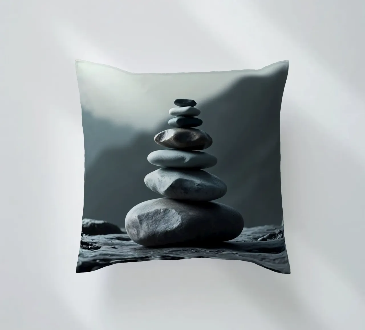 Una tranquilla pila di pietre lisce del fiume si bilancia perfettamente cuscino da DesignDoodle