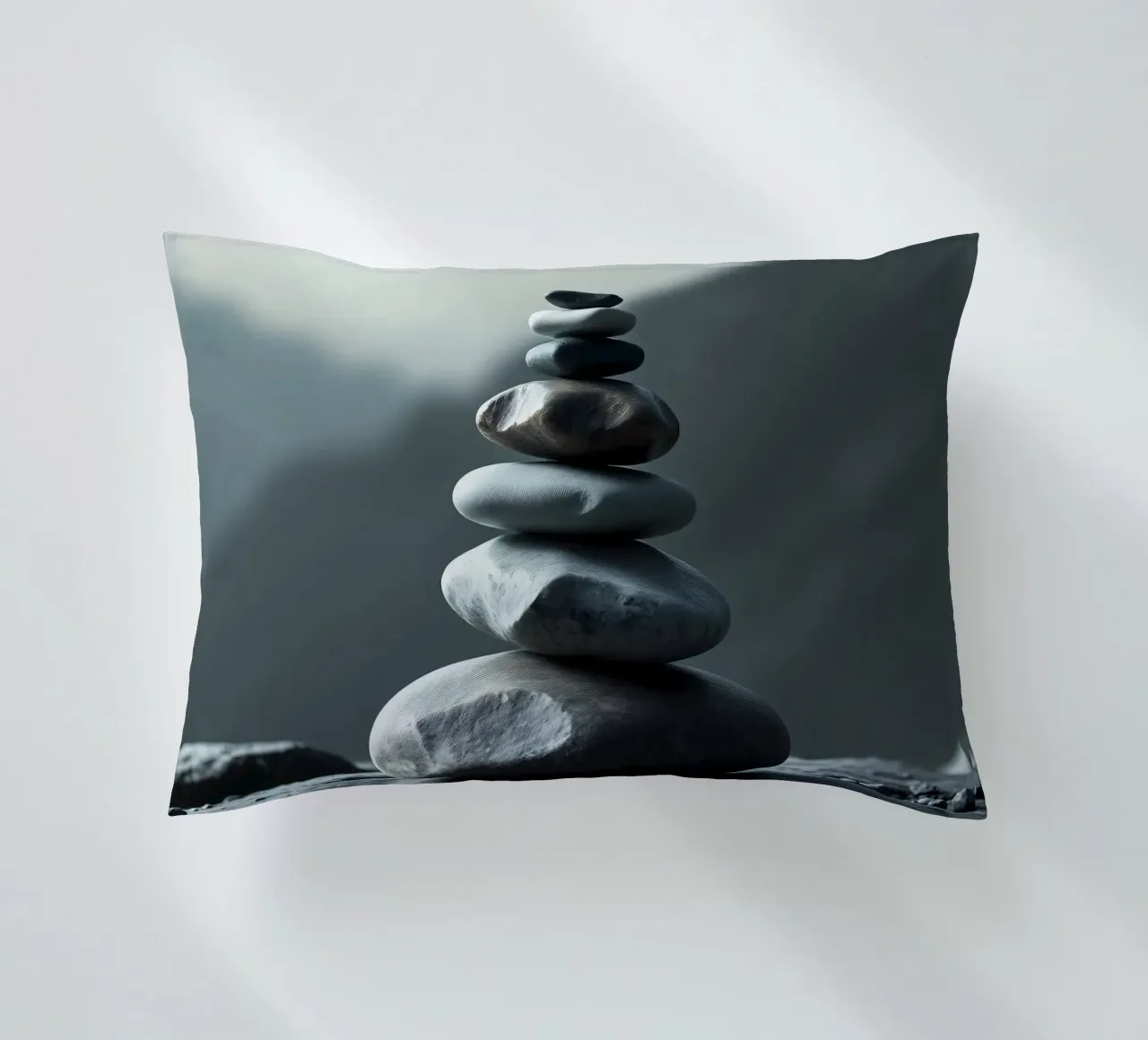 Una tranquilla pila di pietre lisce del fiume si bilancia perfettamente cuscino da DesignDoodle