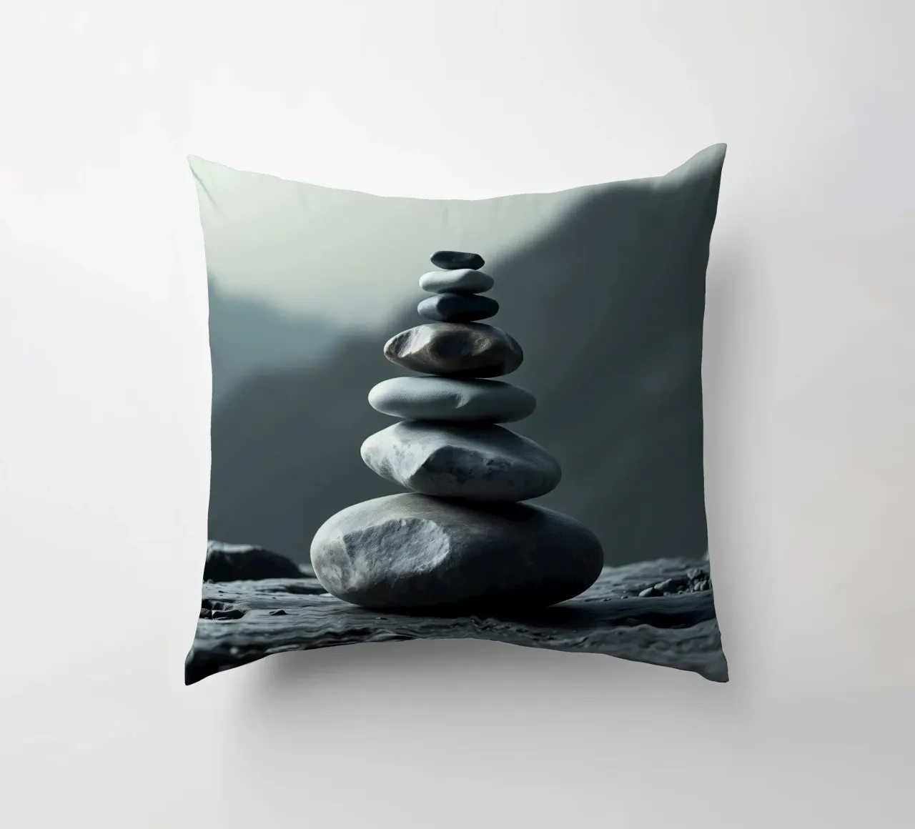 Una tranquilla pila di pietre lisce del fiume si bilancia perfettamente cuscino da DesignDoodle