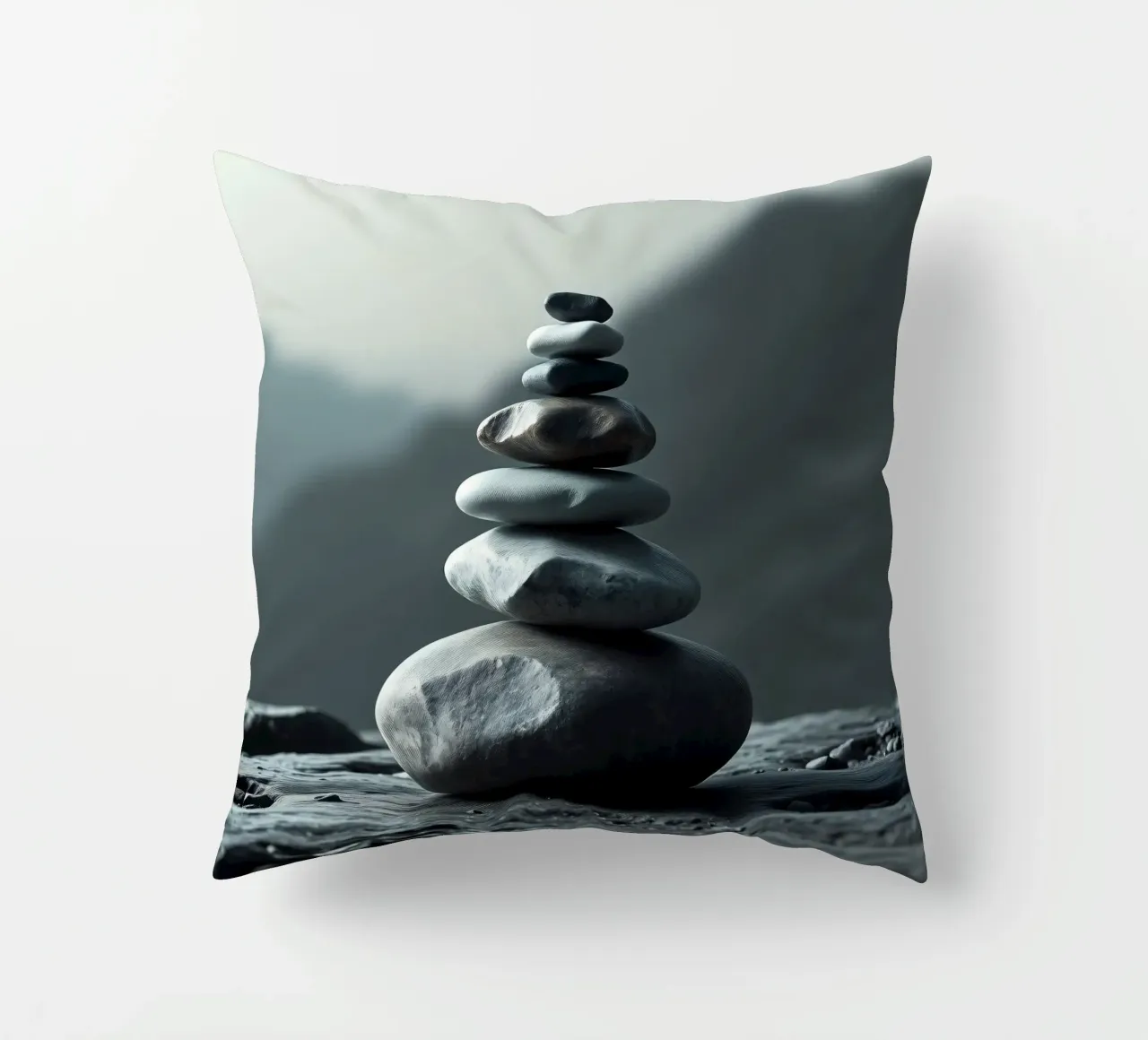 Una tranquilla pila di pietre lisce del fiume si bilancia perfettamente cuscino da DesignDoodle
