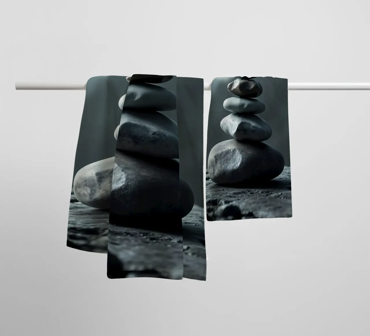 A tranquil stack of smooth river stones balances perfectly towel by DesignDoodle