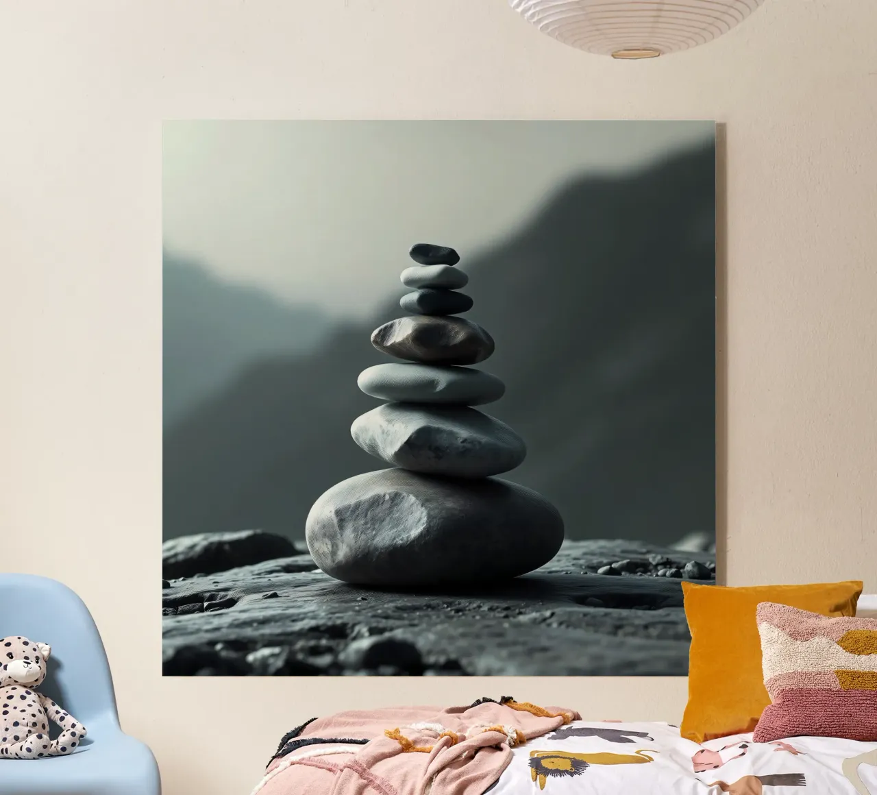 A tranquil stack of smooth river stones balances perfectly acrylic glass by DesignDoodle