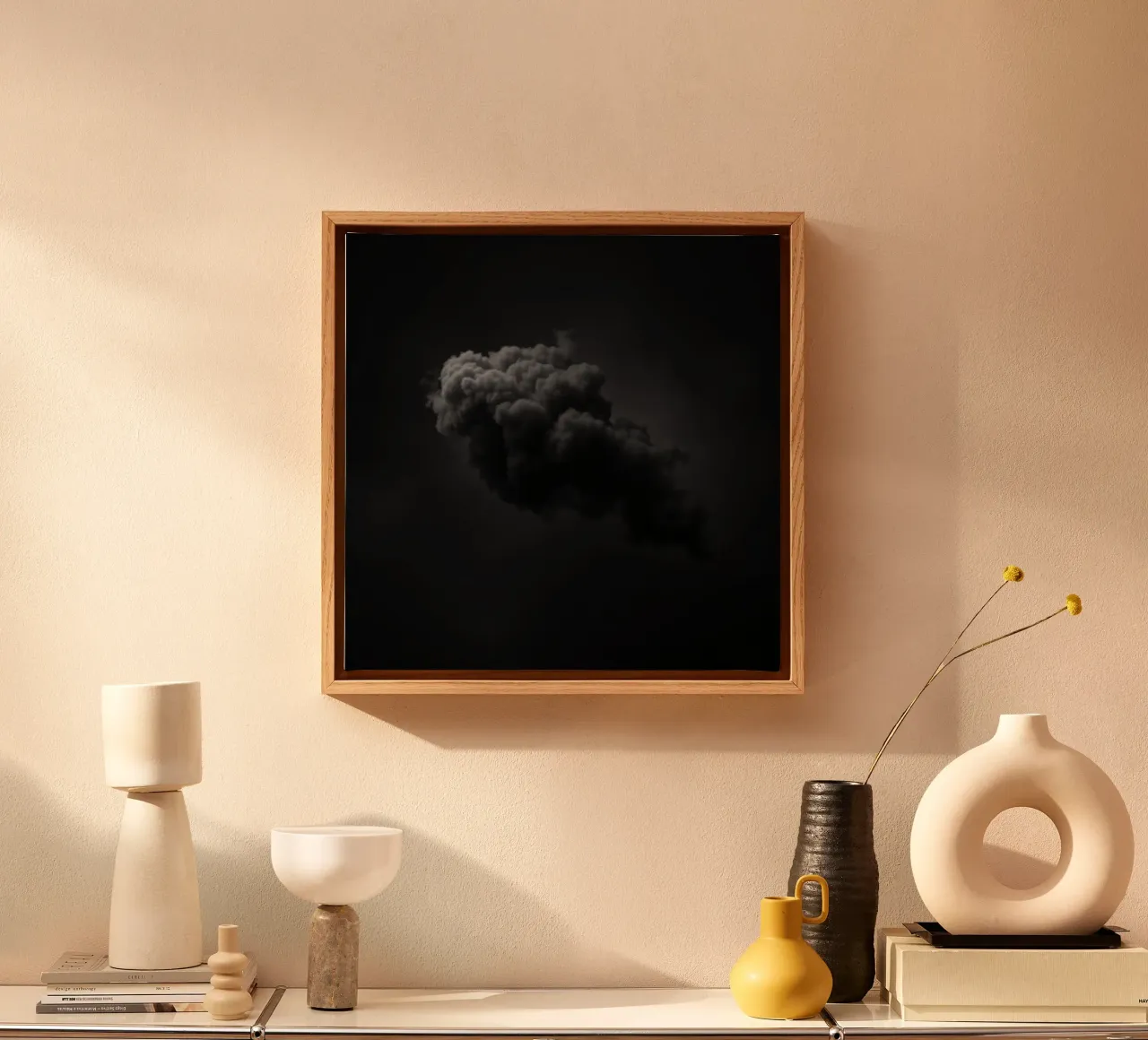 Dark, swirling cloud formation against a muted background canvas with Floater frame by DesignDoodle