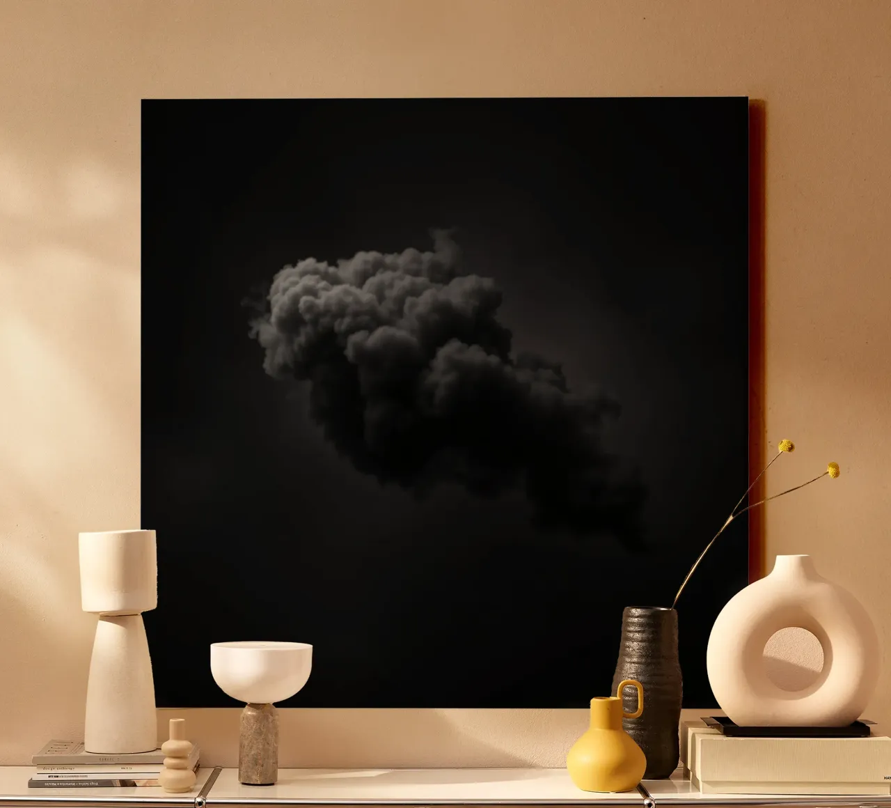 Dark, swirling cloud formation against a muted background canvas with Floater frame by DesignDoodle