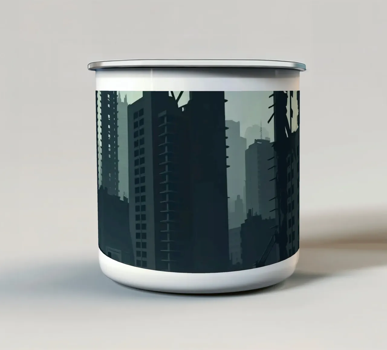 Paesaggio urbano post-apocalittico con grattacieli in rovina e si tazza in smalto da DesignDoodle