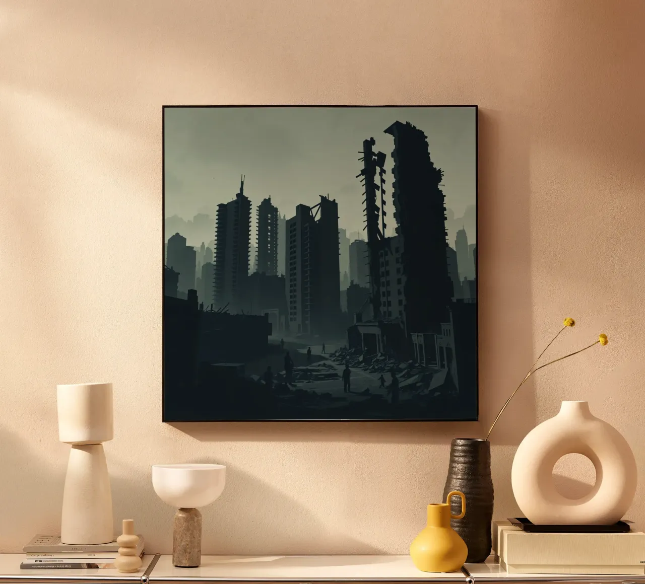 Post-apocalyptic cityscape with crumbling skyscrapers and si alu-dibond by DesignDoodle