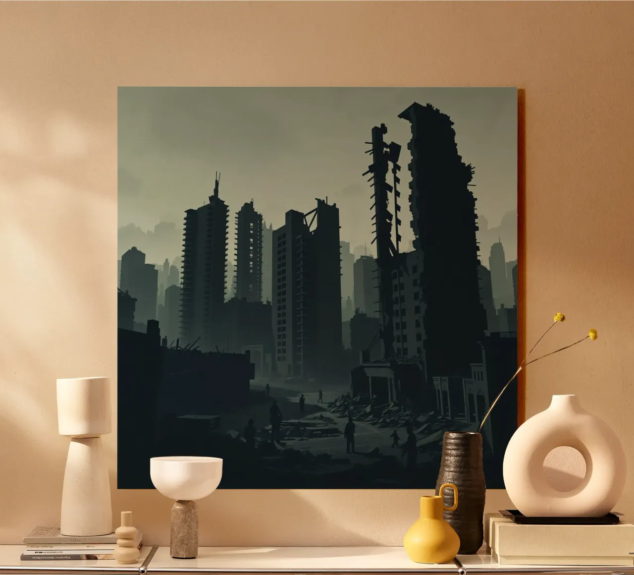 Post-apocalyptic cityscape with crumbling skyscrapers and si alu-dibond by DesignDoodle