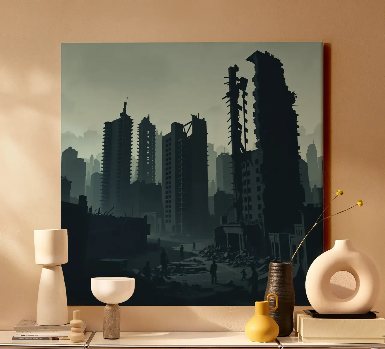 Post-apocalyptic cityscape with crumbling skyscrapers and si canvas by DesignDoodle