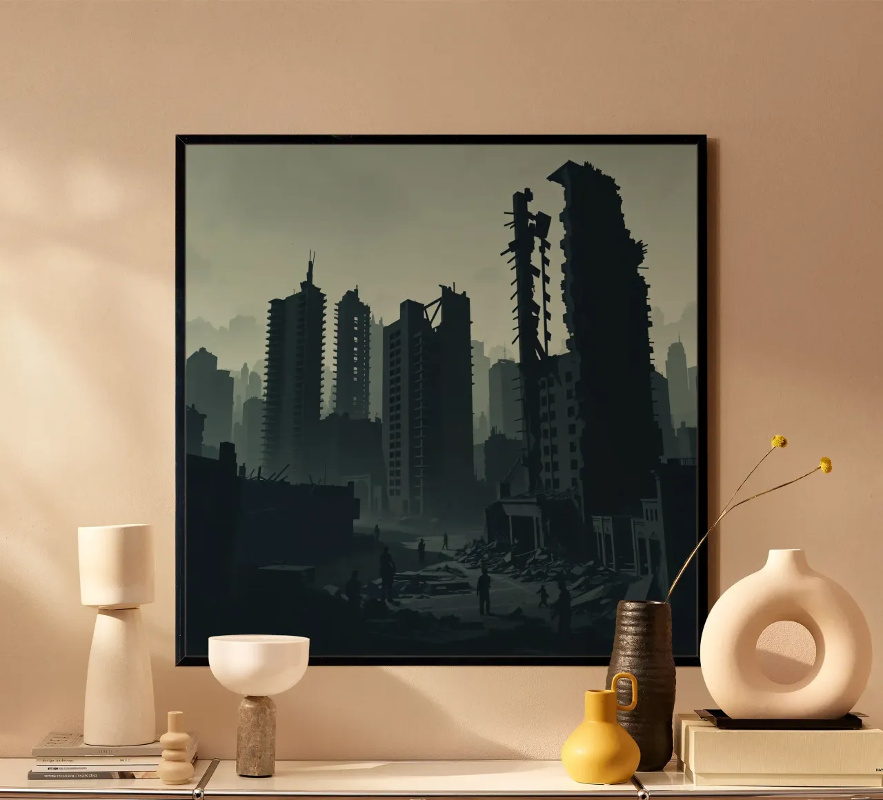 Paesaggio urbano post-apocalittico con grattacieli in rovina e si poster con telaio in alluminio da DesignDoodle