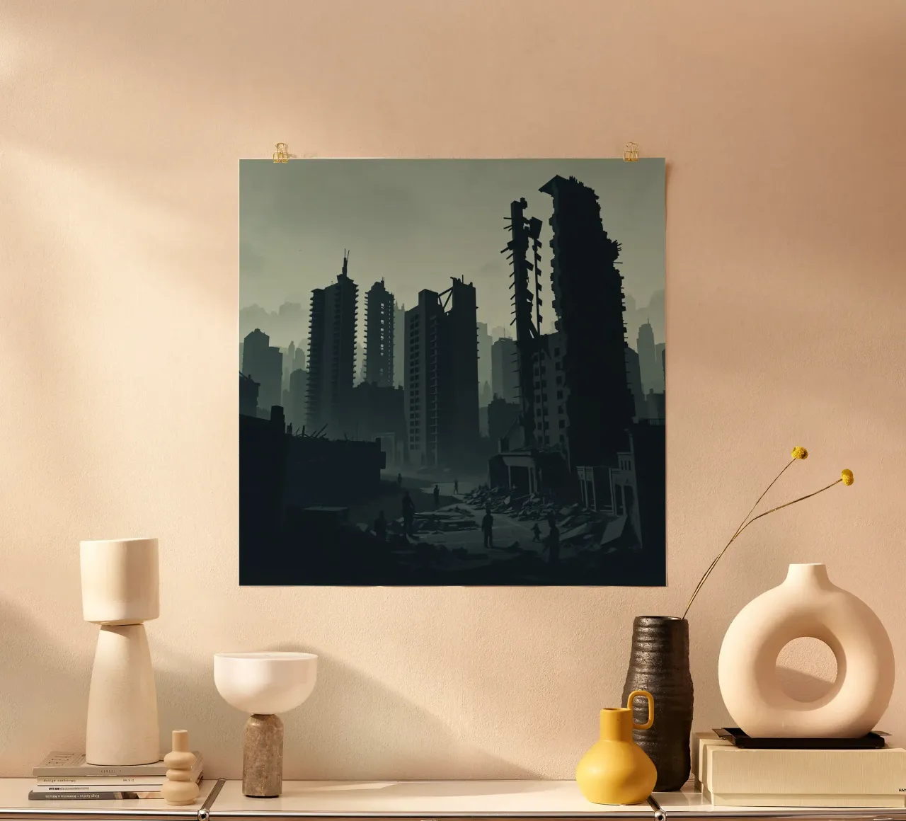 Paesaggio urbano post-apocalittico con grattacieli in rovina e si poster con telaio in alluminio da DesignDoodle