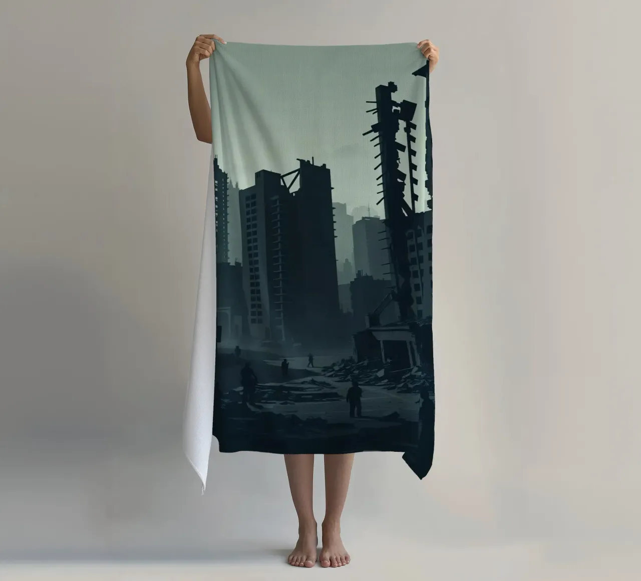 Post-apocalyptic cityscape with crumbling skyscrapers and si beach towel by DesignDoodle