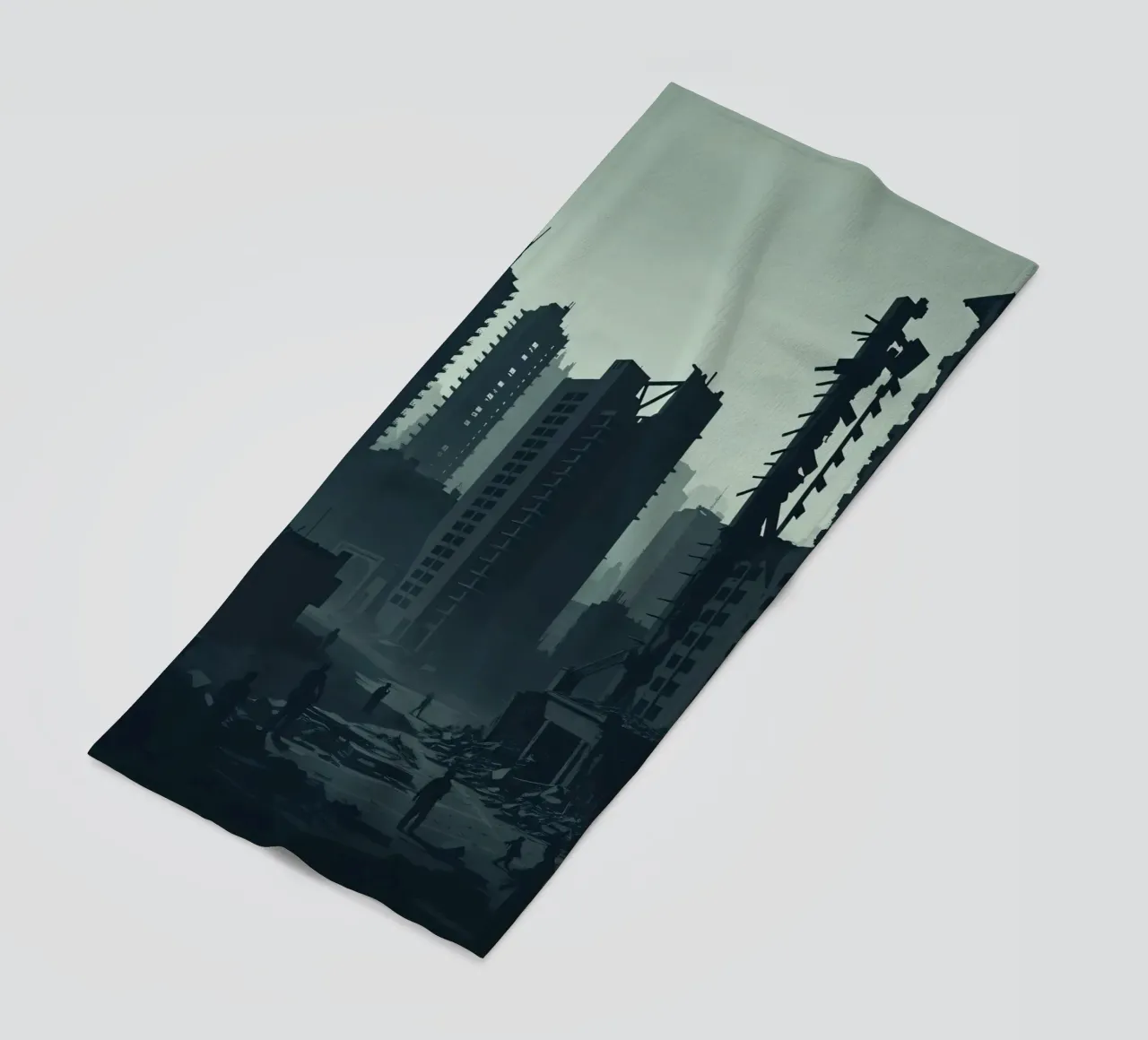 Post-apocalyptic cityscape with crumbling skyscrapers and si beach towel by DesignDoodle