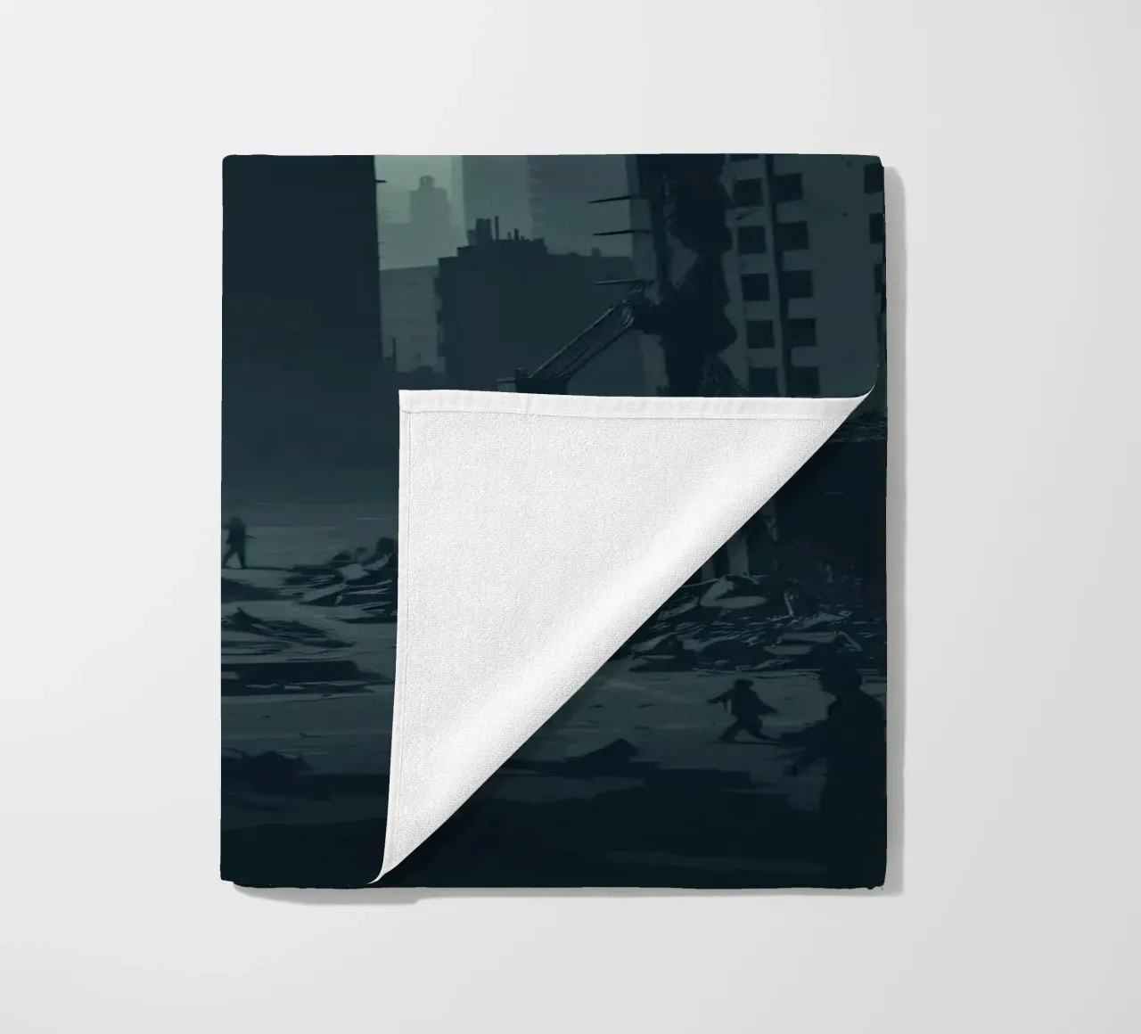 Post-apocalyptic cityscape with crumbling skyscrapers and si beach towel by DesignDoodle