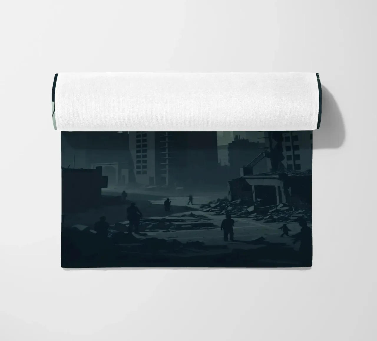 Post-apocalyptic cityscape with crumbling skyscrapers and si beach towel by DesignDoodle