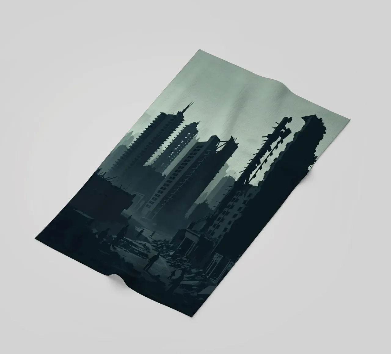 Post-apocalyptic cityscape with crumbling skyscrapers and si beach towel by DesignDoodle